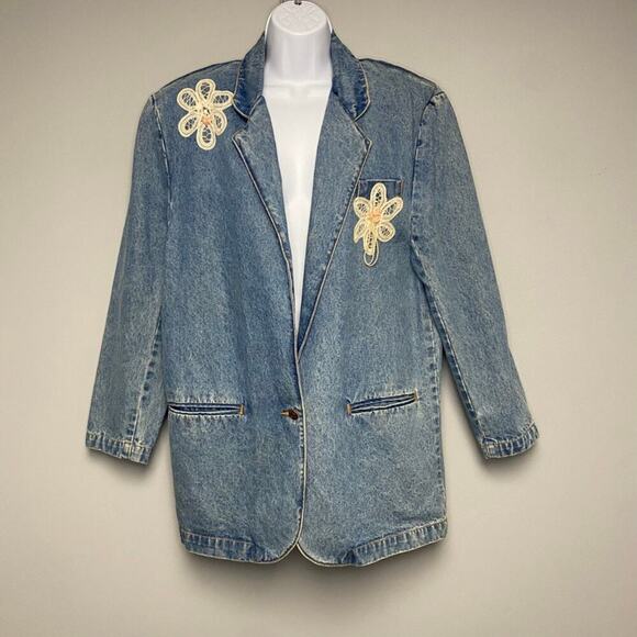 Jordache Jackets & Blazers - VTG Jordache Denim Jean Jacket 80s Lace Flower One Button Womens Sz M